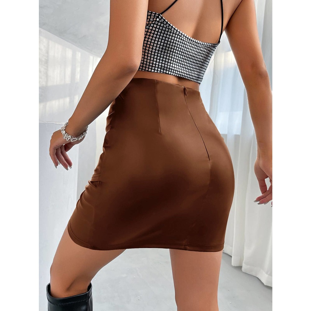 Ruched Wrap Hem vegan leather Skirt hot pink - Picture 5 of 9